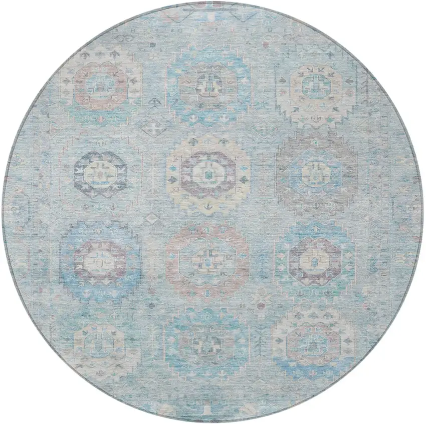 8' Sky Blue Beige And Blush Round Medallion Washable Indoor Outdoor Area Rug Photo 5