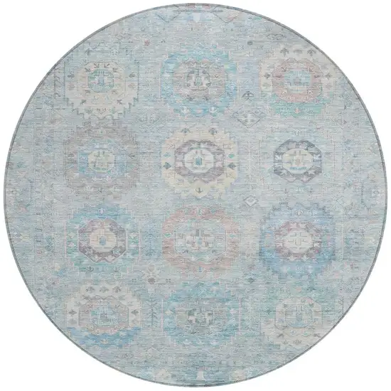 8' Sky Blue Beige And Blush Round Medallion Washable Indoor Outdoor Area Rug Photo 4