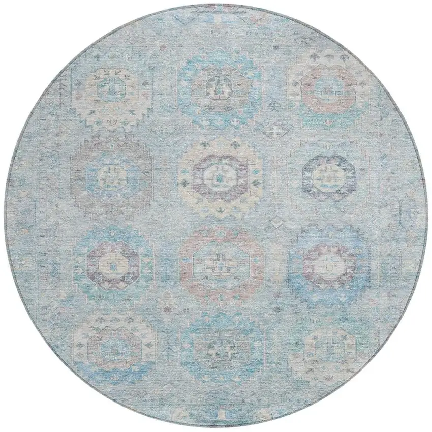 8' Sky Blue Beige And Blush Round Medallion Washable Indoor Outdoor Area Rug Photo 4