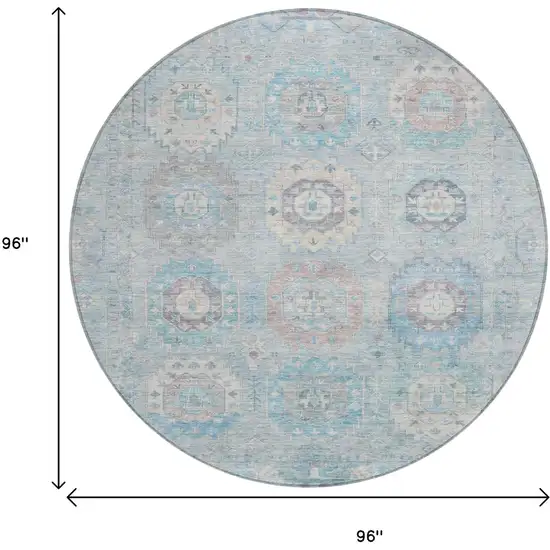 8' Sky Blue Beige And Blush Round Medallion Washable Indoor Outdoor Area Rug Photo 3
