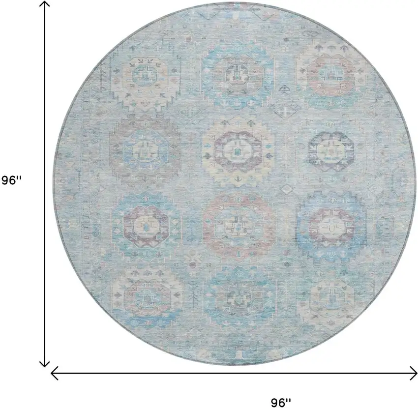 8' Sky Blue Beige And Blush Round Medallion Washable Indoor Outdoor Area Rug Photo 3