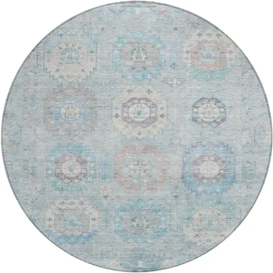 8' Sky Blue Beige And Blush Round Medallion Washable Indoor Outdoor Area Rug Photo 2