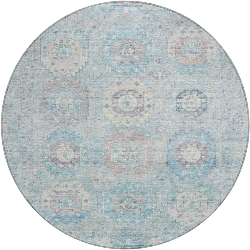 8' Sky Blue Beige And Blush Round Medallion Washable Indoor Outdoor Area Rug Photo 2