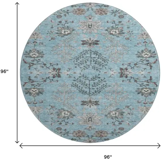 8' Sky Blue Beige And Gray Floral Washable Round Rug With UV Protection Photo 9