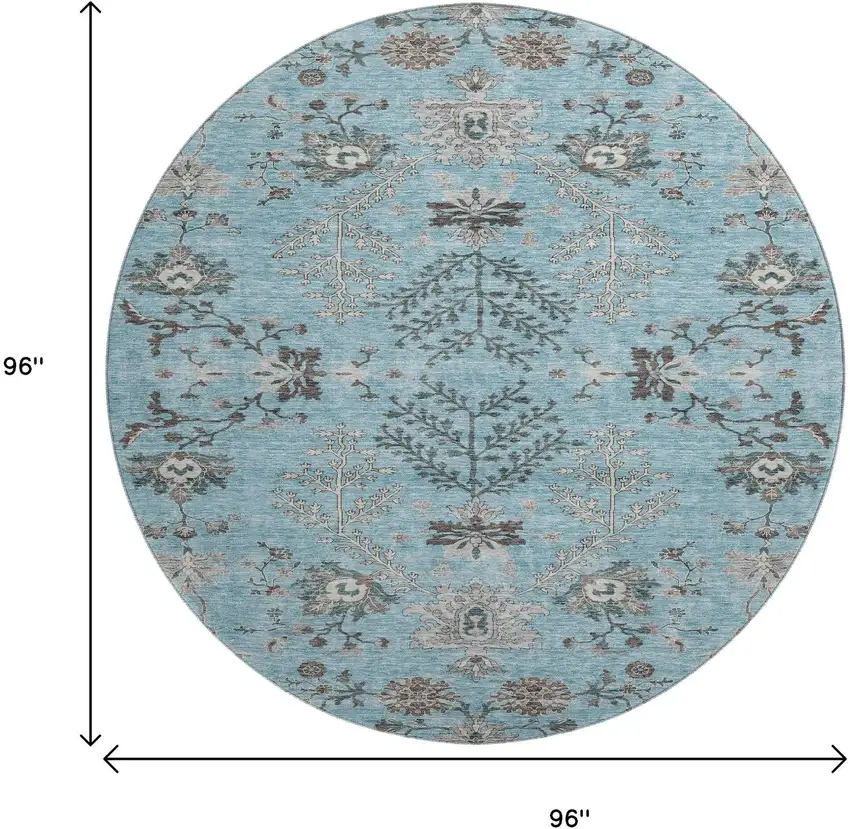 8' Sky Blue Beige And Gray Floral Washable Round Rug With UV Protection Photo 9