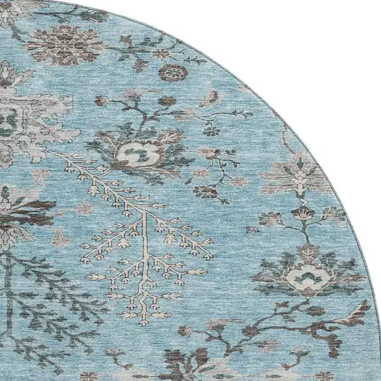 8' Sky Blue Beige And Gray Floral Washable Round Rug With UV Protection Photo 3