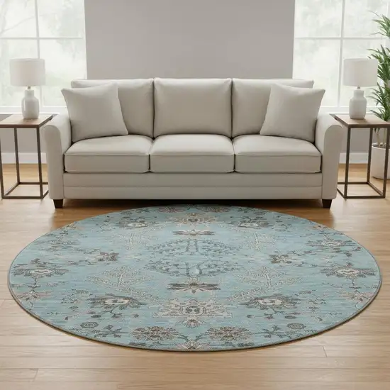 8' Sky Blue Beige And Gray Floral Washable Round Rug With UV Protection Photo 2