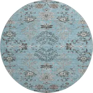 Photo of 8' Sky Blue Beige And Gray Floral Washable Round Rug With UV Protection