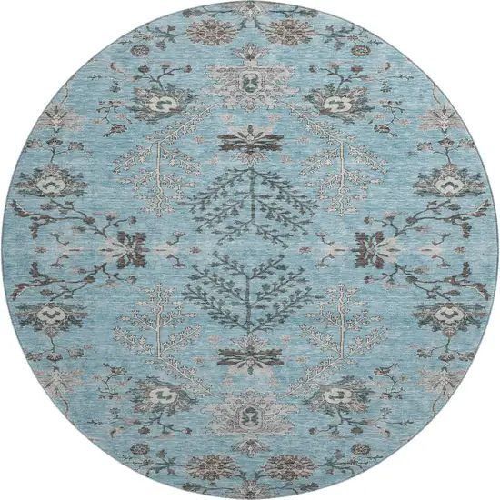8' Sky Blue Beige And Gray Floral Washable Round Rug With UV Protection Photo 1