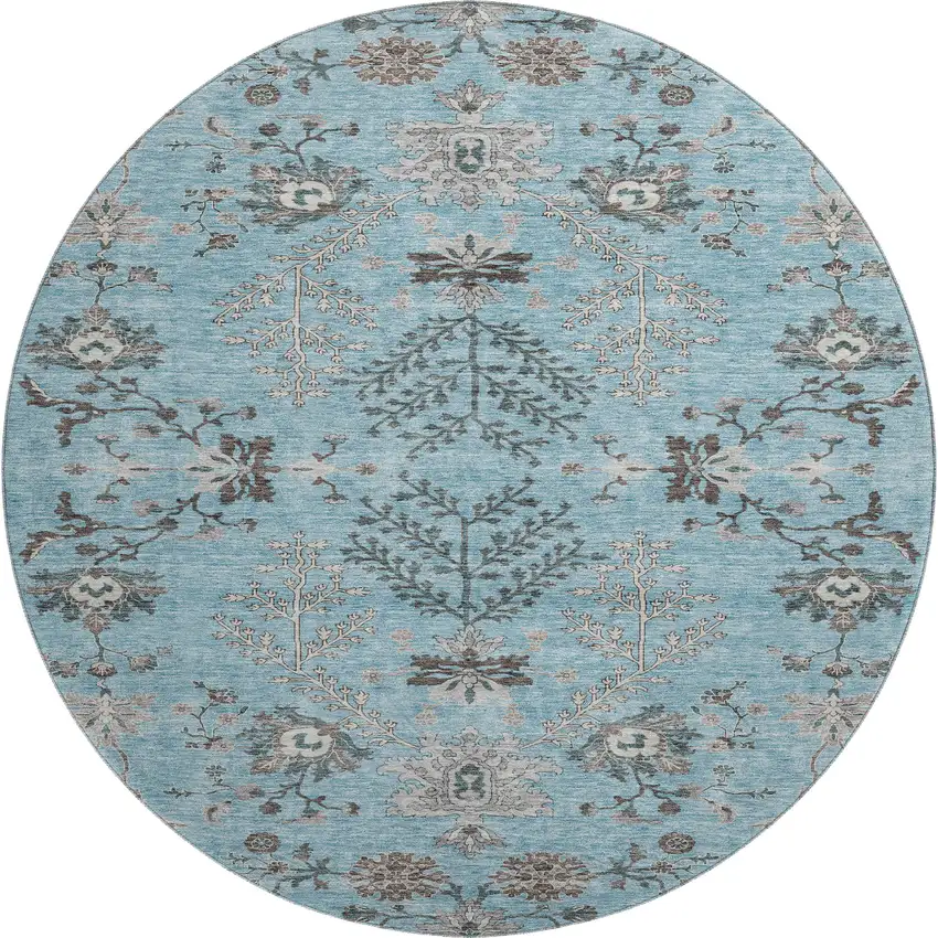 8' Sky Blue Beige And Gray Floral Washable Round Rug With UV Protection Photo 1