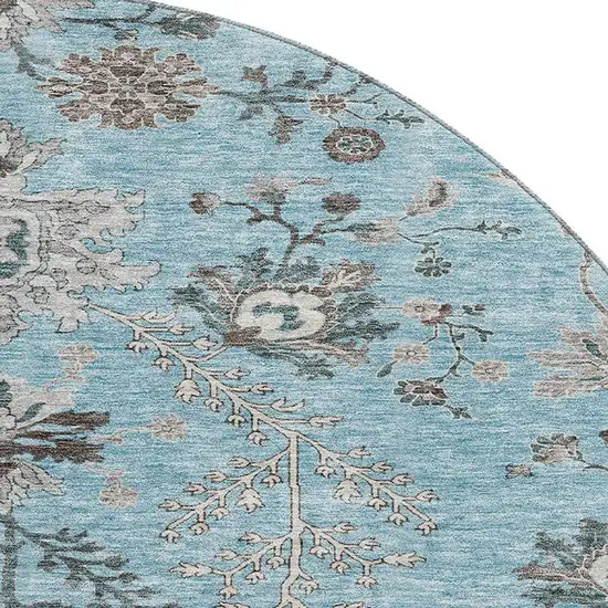 8' Sky Blue Beige And Gray Floral Washable Round Rug With UV Protection Photo 2