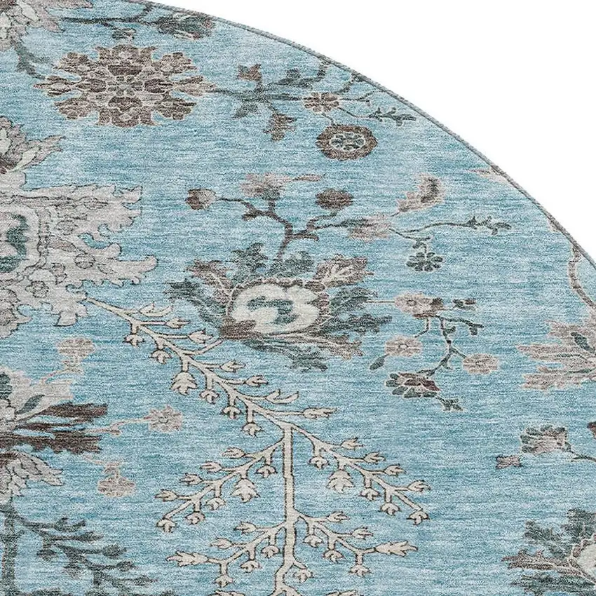 8' Sky Blue Beige And Gray Floral Washable Round Rug With UV Protection Photo 2
