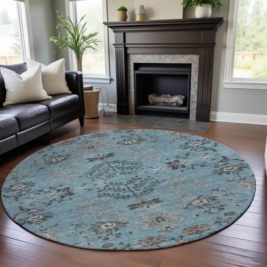 8' Sky Blue Beige And Gray Floral Washable Round Rug With UV Protection Photo 4