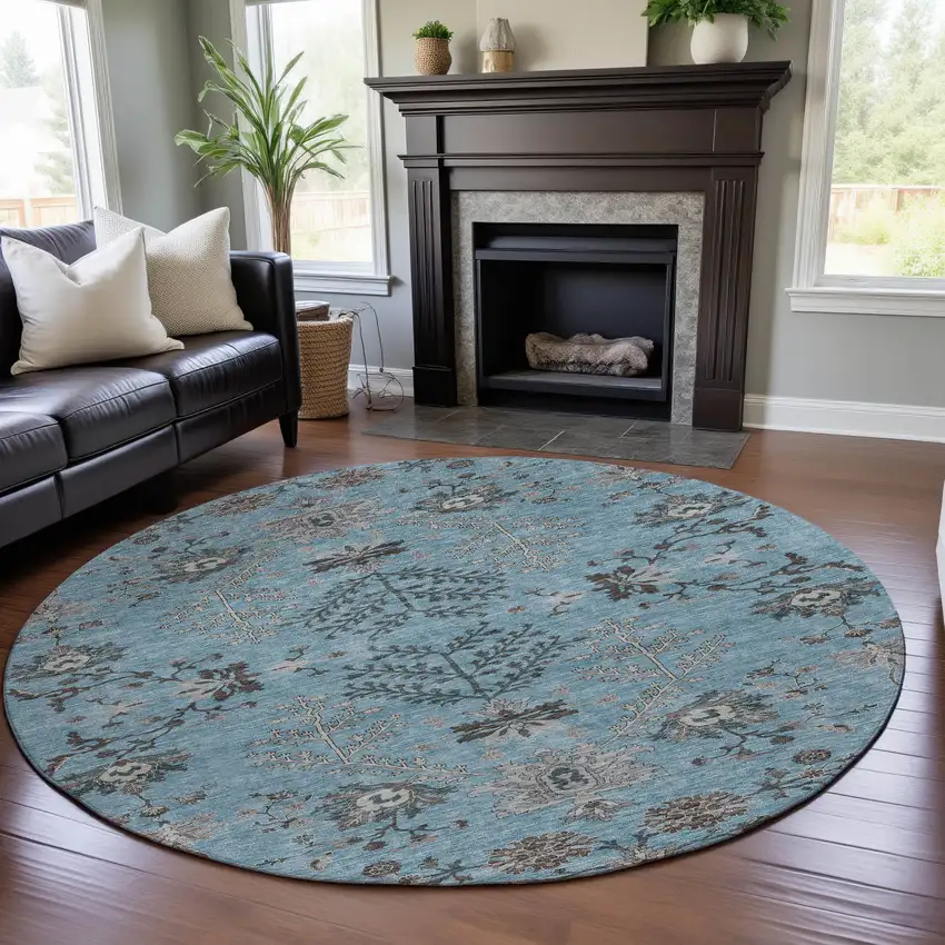 8' Sky Blue Beige And Gray Floral Washable Round Rug With UV Protection Photo 4