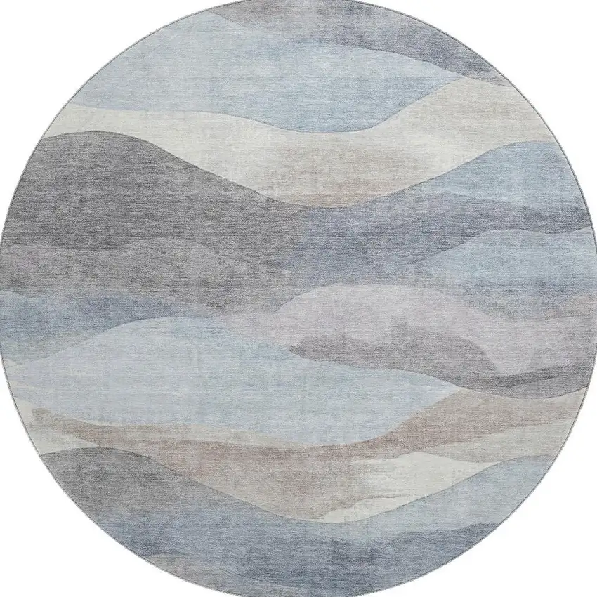 8' Sky Blue Beige And Ivory Abstract Washable Round Rug With UV Protection Photo 4