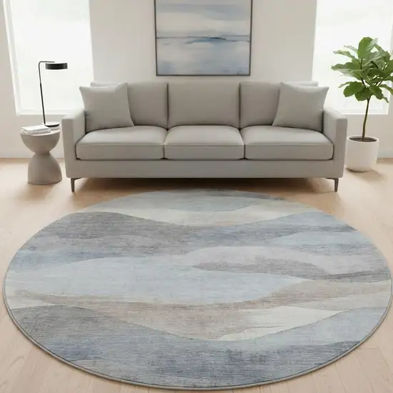 8' Sky Blue Beige And Ivory Abstract Washable Round Rug With UV Protection Photo 2