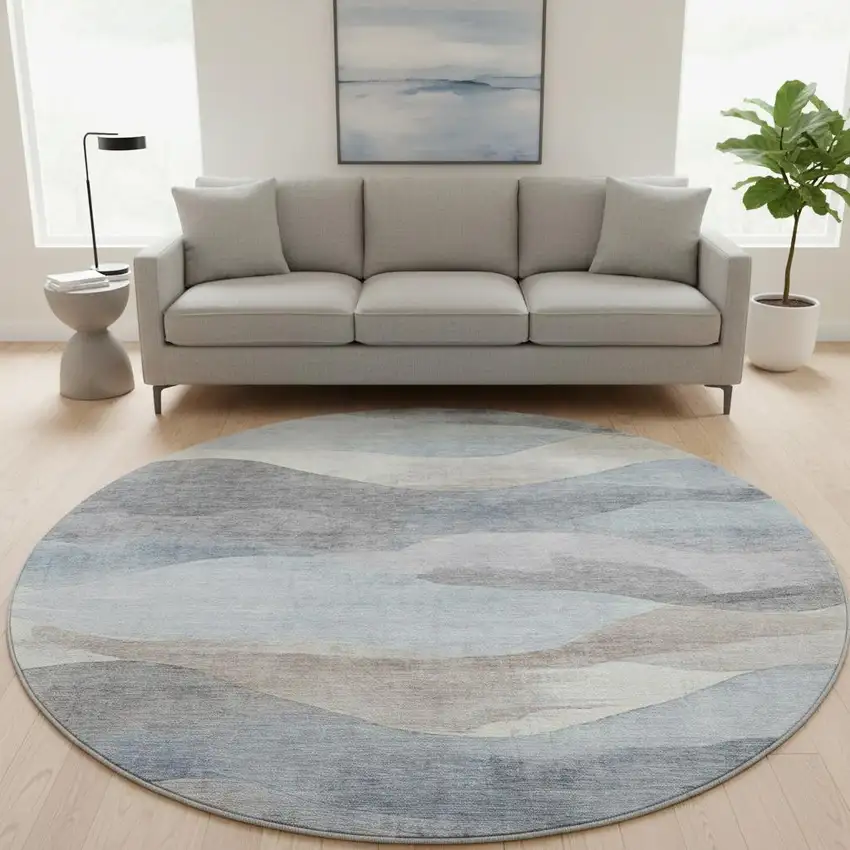 8' Sky Blue Beige And Ivory Abstract Washable Round Rug With UV Protection Photo 2