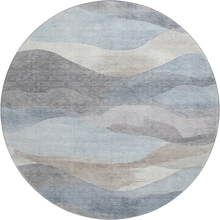 8' Sky Blue Beige And Ivory Abstract Washable Round Rug With UV Protection Photo 1