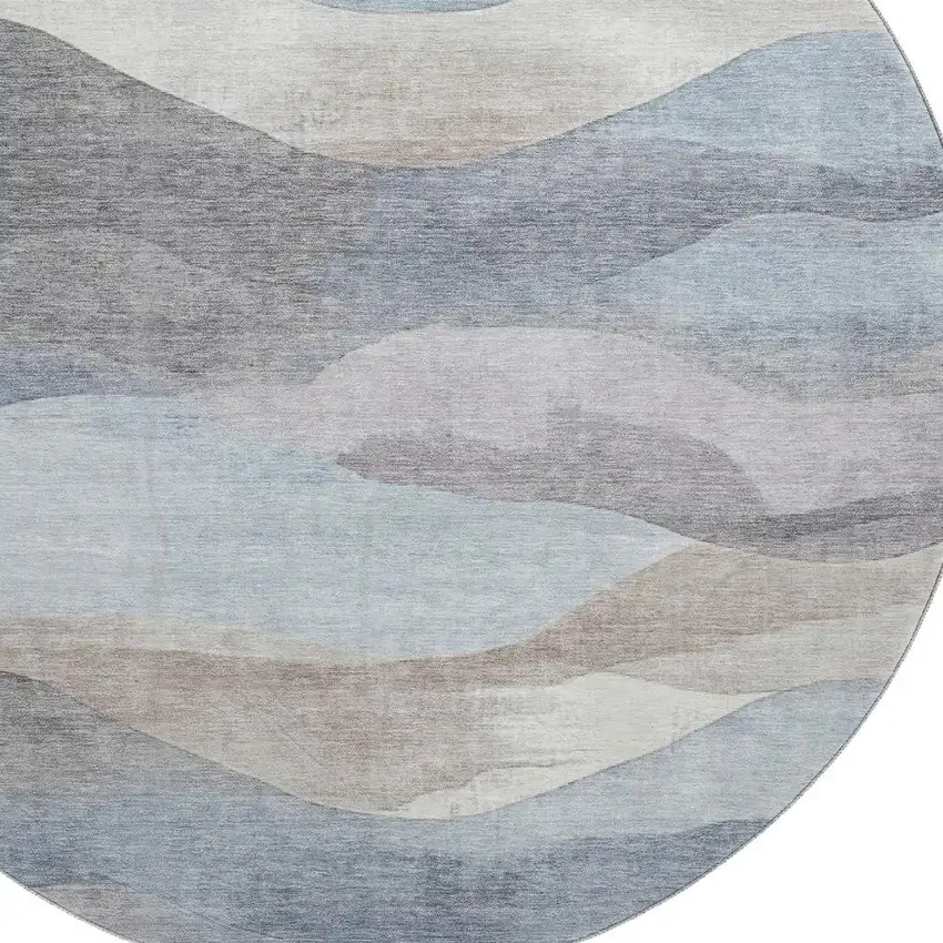 8' Sky Blue Beige And Ivory Abstract Washable Round Rug With UV Protection Photo 3