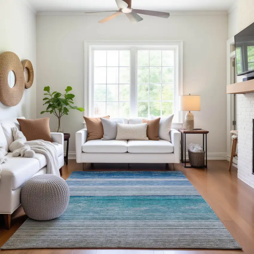 8' Sky Blue Beige And Ivory Striped Washable Area Rug With UV Protection Photo 5