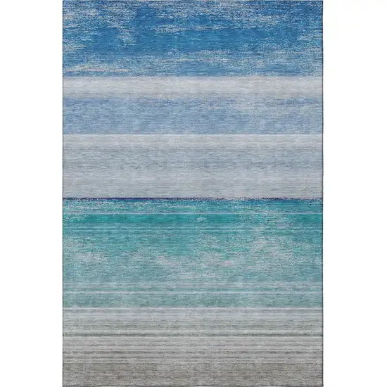 8' Sky Blue Beige And Ivory Striped Washable Area Rug With UV Protection Photo 3
