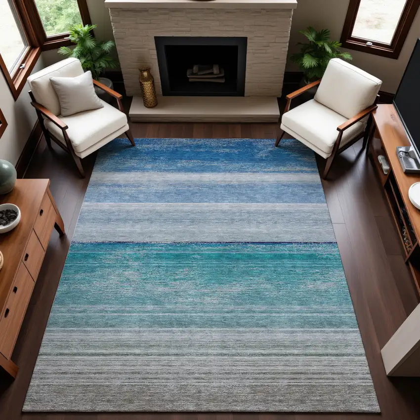 8' Sky Blue Beige And Ivory Striped Washable Area Rug With UV Protection Photo 4