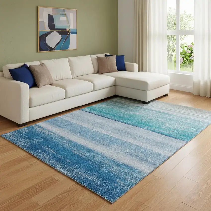 8' Sky Blue Beige And Ivory Striped Washable Area Rug With UV Protection Photo 2