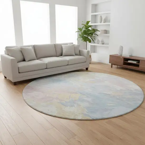 8' Sky Blue Beige And Mauve Abstract Washable Round Rug With UV Protection Photo 2
