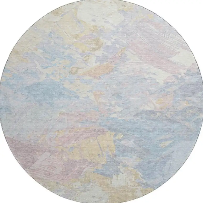 8' Sky Blue Beige And Mauve Abstract Washable Round Rug With UV Protection Photo 3