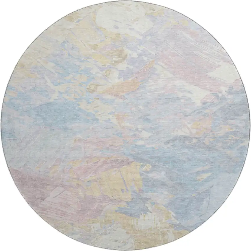 8' Sky Blue Beige And Mauve Abstract Washable Round Rug With UV Protection Photo 1