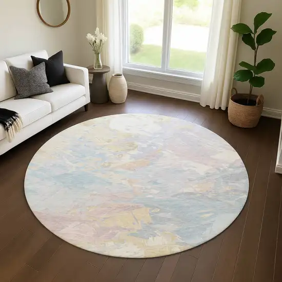 8' Sky Blue Beige And Mauve Abstract Washable Round Rug With UV Protection Photo 4