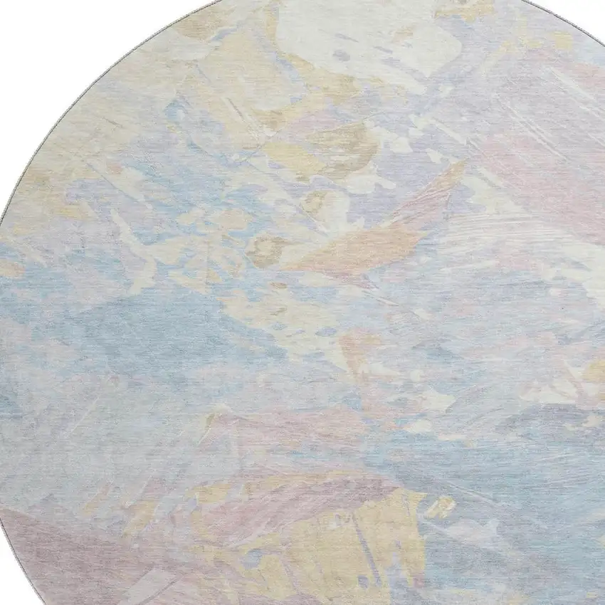8' Sky Blue Beige And Mauve Abstract Washable Round Rug With UV Protection Photo 2