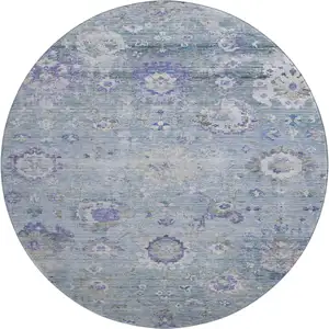 Photo of 8' Sky Blue Beige And Purple Floral Washable Round Rug With UV Protection