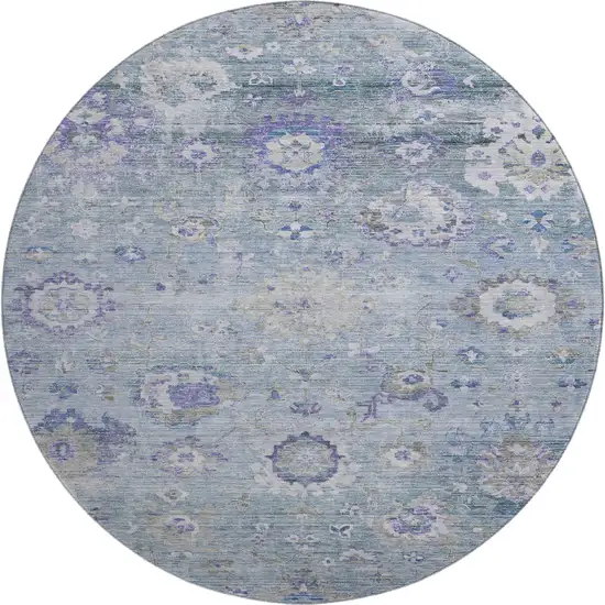 8' Sky Blue Beige And Purple Floral Washable Round Rug With UV Protection Photo 1