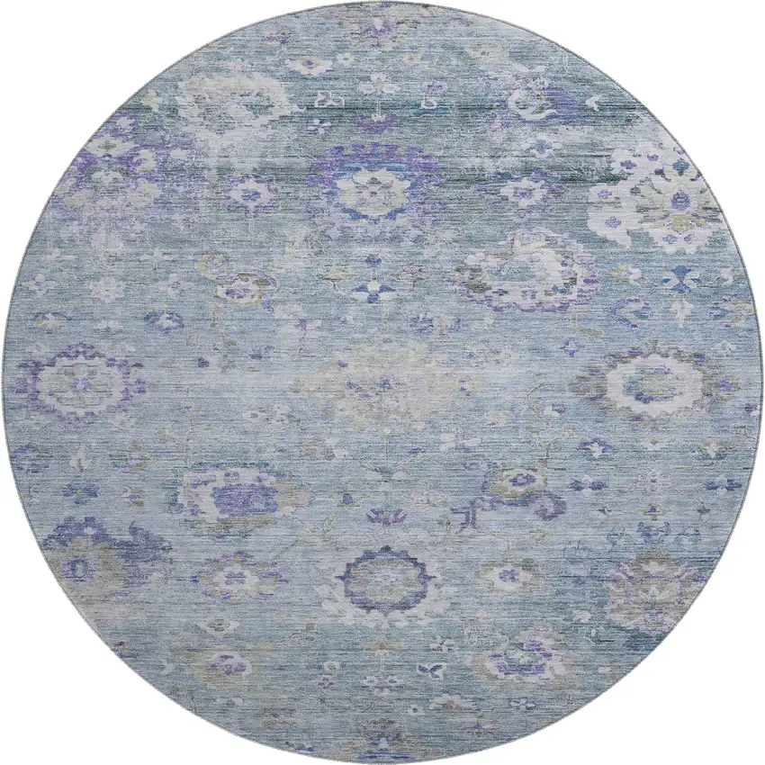 8' Sky Blue Beige And Purple Floral Washable Round Rug With UV Protection Photo 1