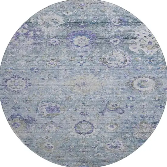 8' Sky Blue Beige And Purple Floral Washable Round Rug With UV Protection Photo 2