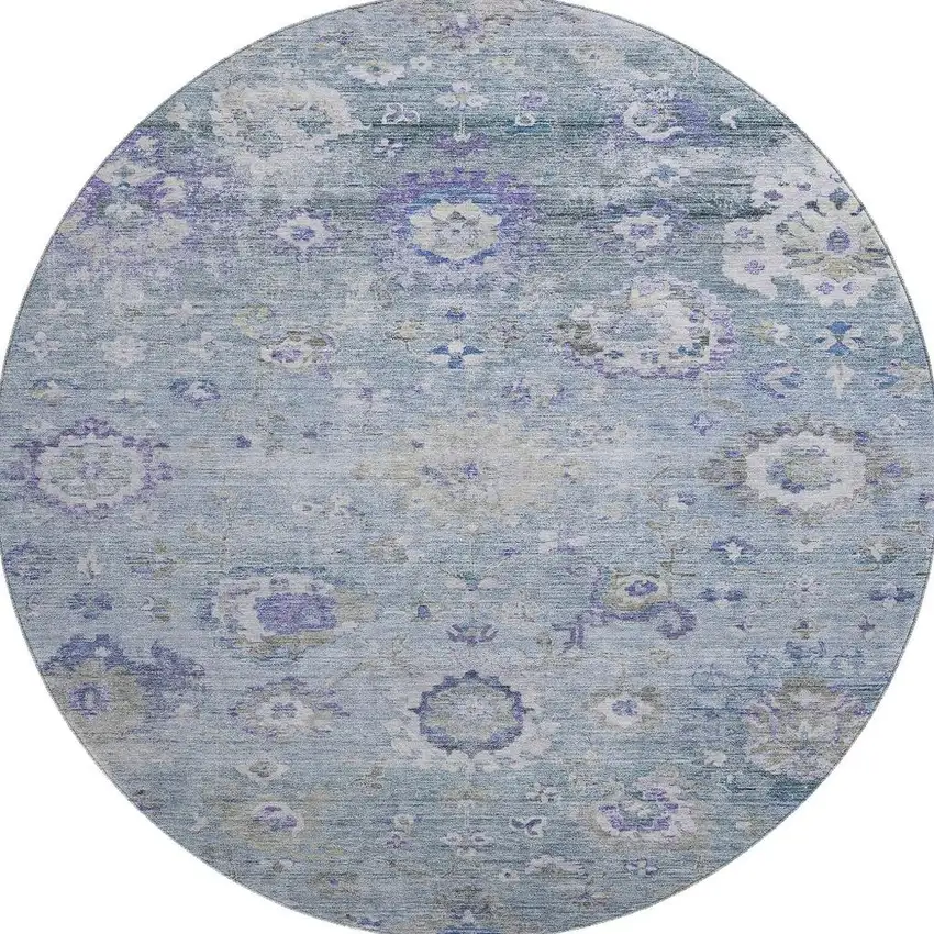 8' Sky Blue Beige And Purple Floral Washable Round Rug With UV Protection Photo 2