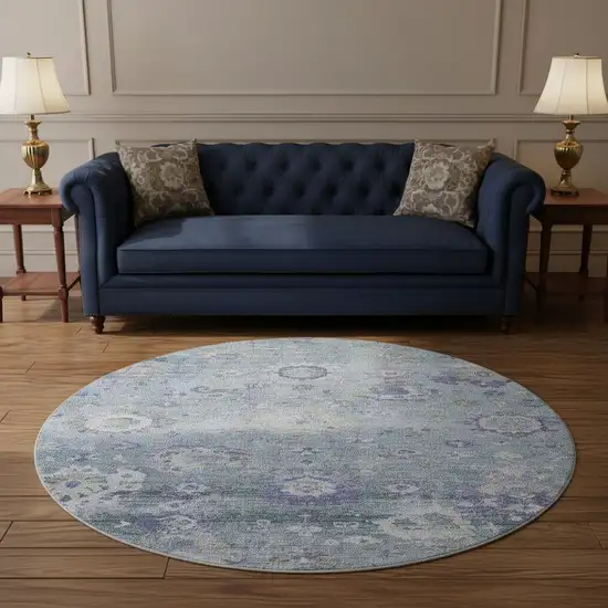 8' Sky Blue Beige And Purple Floral Washable Round Rug With UV Protection Photo 2
