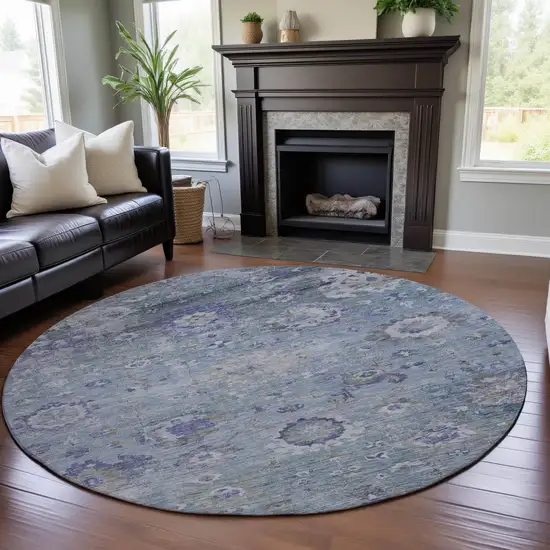 8' Sky Blue Beige And Purple Floral Washable Round Rug With UV Protection Photo 4