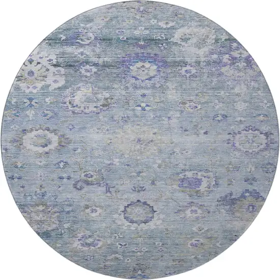 8' Sky Blue Beige And Purple Floral Washable Round Rug With UV Protection Photo 3