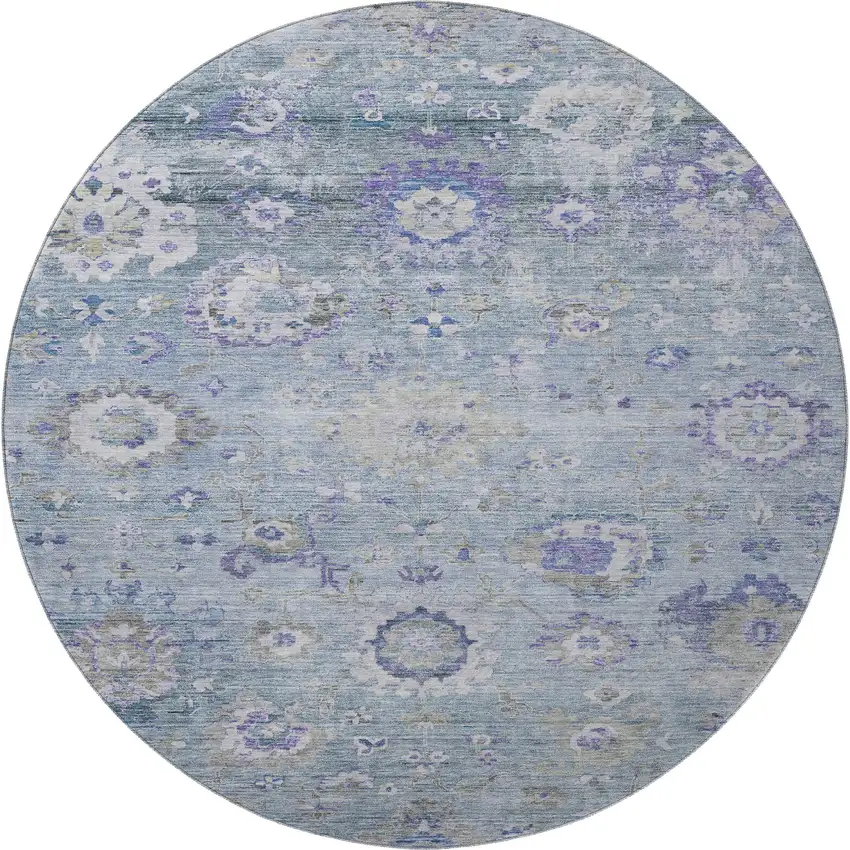 8' Sky Blue Beige And Purple Floral Washable Round Rug With UV Protection Photo 3