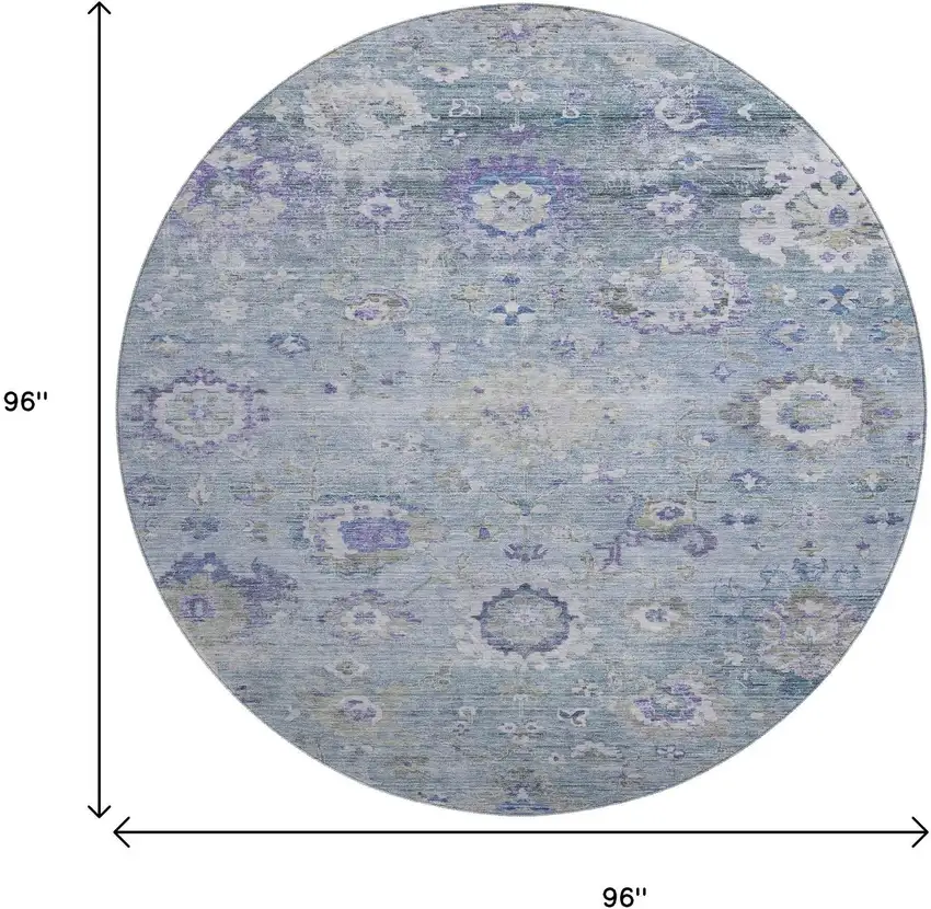 8' Sky Blue Beige And Purple Floral Washable Round Rug With UV Protection Photo 9