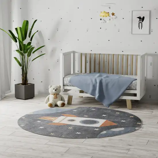 4' Sky Blue Black And Tan Round Rug Photo 5