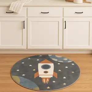 Photo of 4' Sky Blue Black And Tan Round Rug