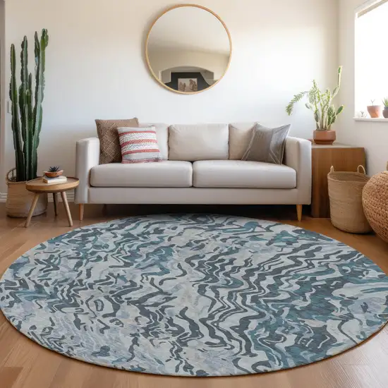 8' Sky Blue Black And Teal Blue Round Abstract Washable Indoor Outdoor Area Rug Photo 7