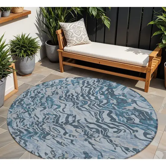8' Sky Blue Black And Teal Blue Round Abstract Washable Indoor Outdoor Area Rug Photo 1