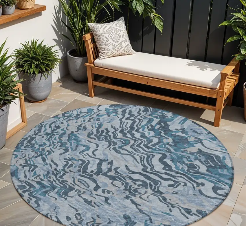 8' Sky Blue Black And Teal Blue Round Abstract Washable Indoor Outdoor Area Rug Photo 1