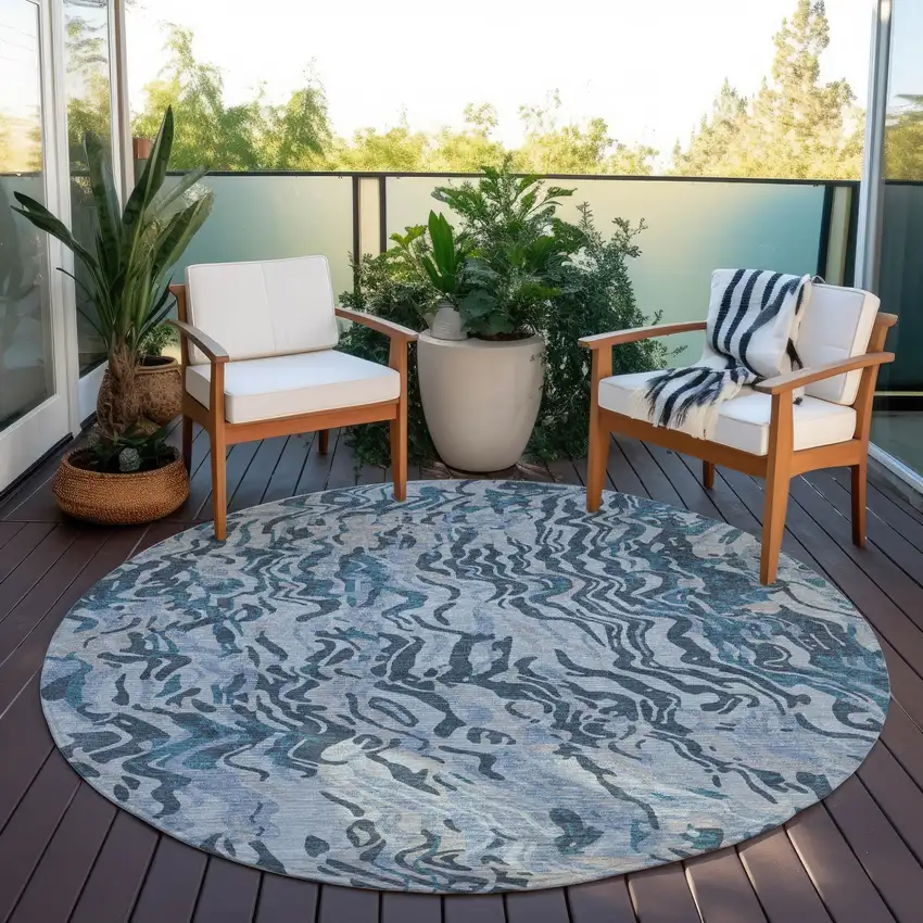 8' Sky Blue Black And Teal Blue Round Abstract Washable Indoor Outdoor Area Rug Photo 6
