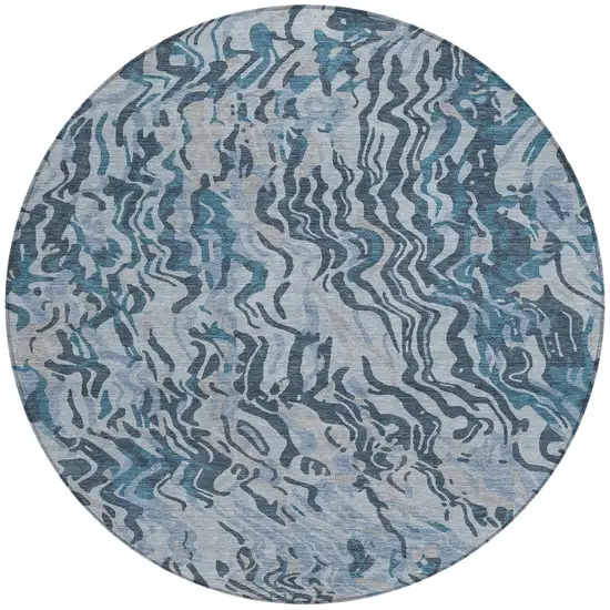 8' Sky Blue Black And Teal Blue Round Abstract Washable Indoor Outdoor Area Rug Photo 4