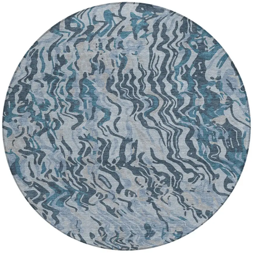 8' Sky Blue Black And Teal Blue Round Abstract Washable Indoor Outdoor Area Rug Photo 4